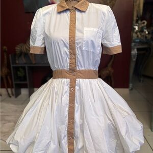 Chic White and Tan Button-Up Dress